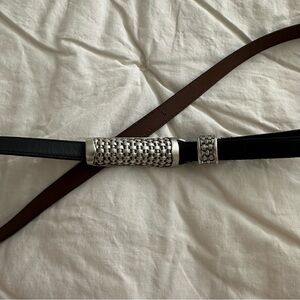 Vintage Black Leather Belt with Silver Basketweave Buckle